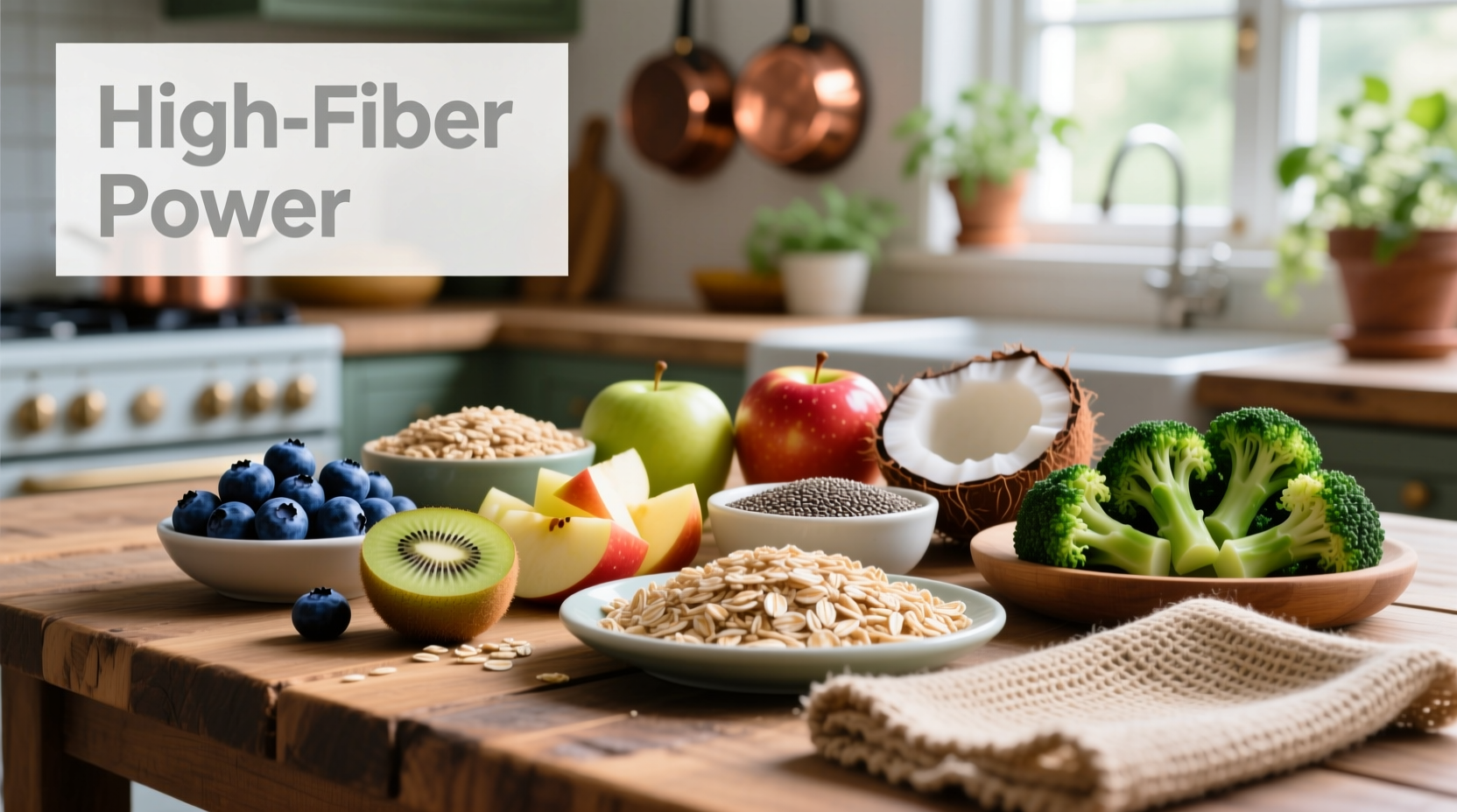 Colorful assortment of high-fibre foods on wooden table