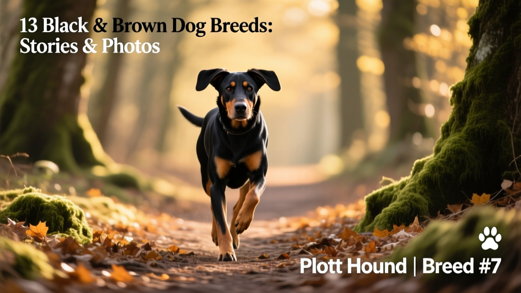 A focused Plott Hound mid-stride in a forest clearing, showcasing its smooth black-and-tan coat, strong shoulders, and alert posture