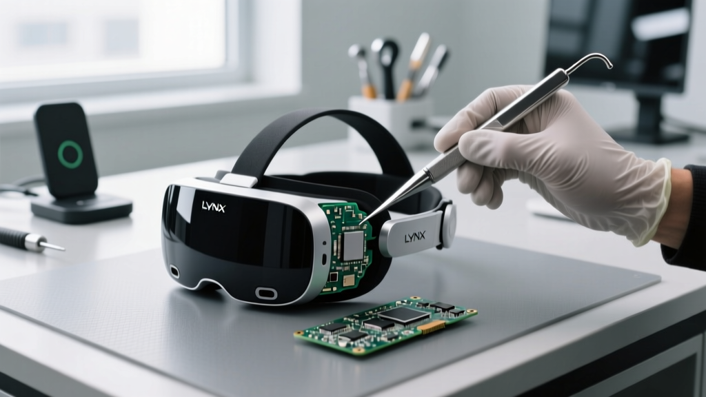 Technician using a precision spudger to open the modular magnetic faceplate of a Lynx R-1 mixed reality headset on an anti-static workbench