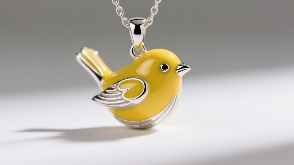 Macro shot of a baby bird pendant featuring vibrant yellow cold enamel over sterling silver, highlighting the glossy resin finish