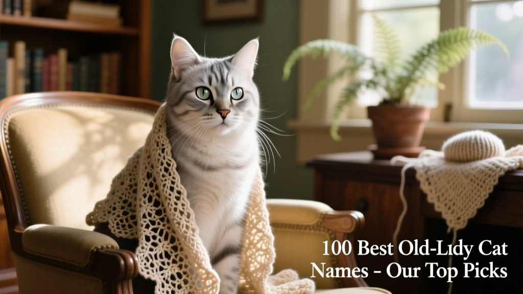 Close-up of a silver-furred cat gazing calmly from a sunlit armchair draped in a crocheted shawl