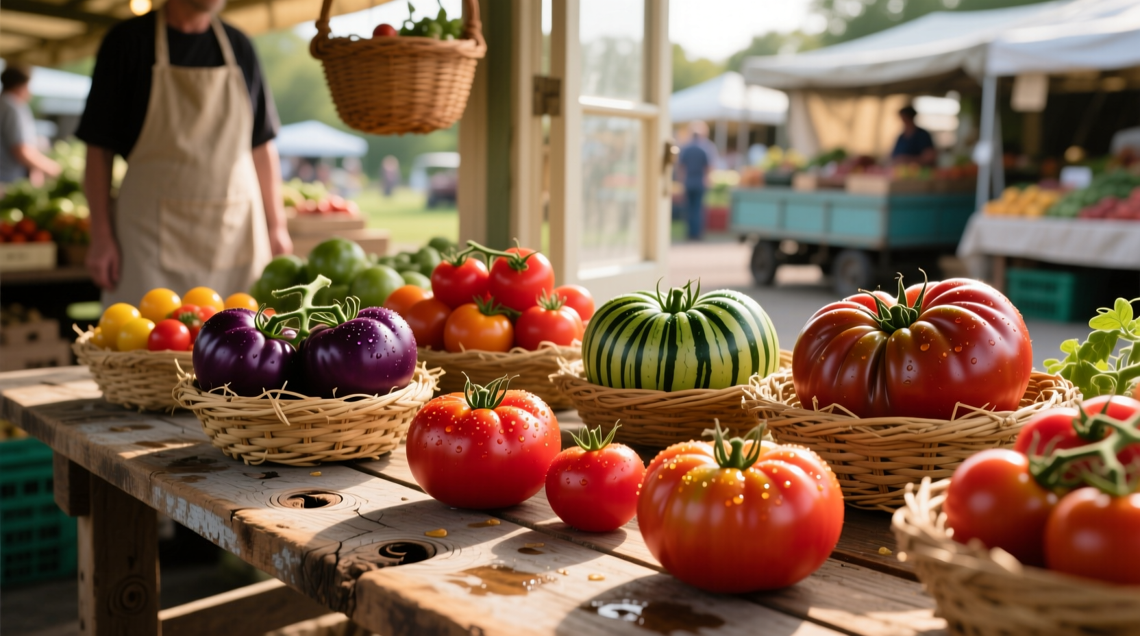 Seasonal tomato varieties on wooden market table