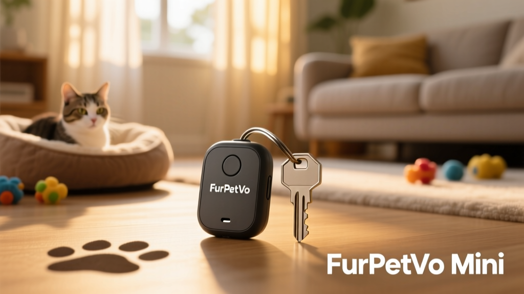 Close-up of the FurPetVo Mini GPS tracker showing its compact size next to a house key for scale