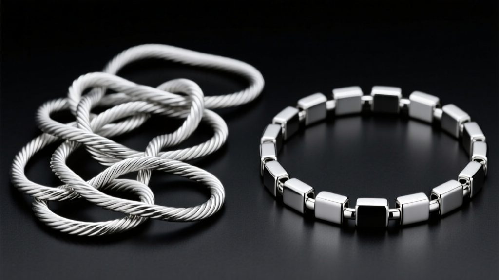 Side-by-side comparison of a tangled sterling silver cable chain and a smooth knot-free platinum box chain under bright studio light