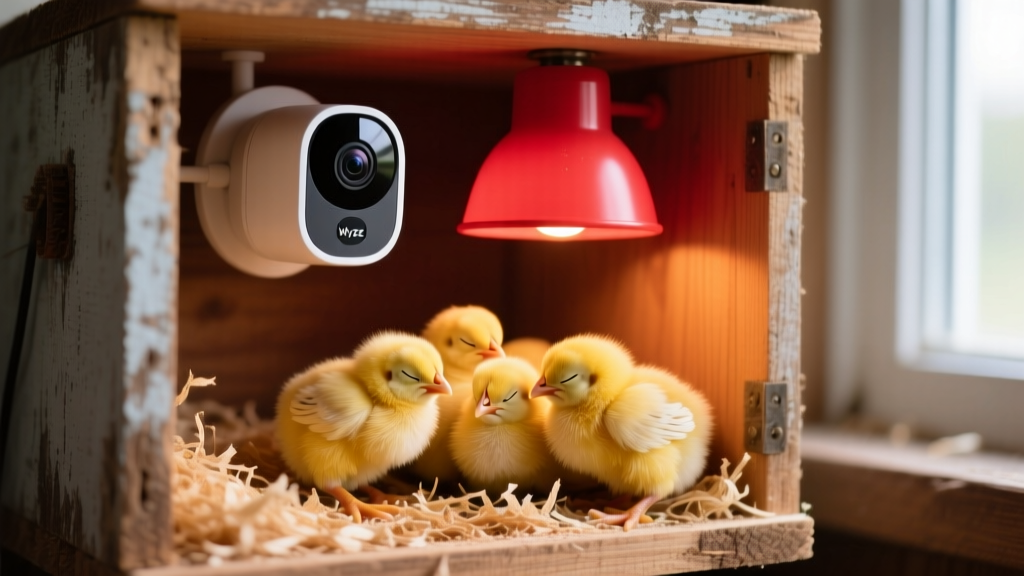 Wyze Cam v3 mounted on wooden brooder box capturing day-old fluffy yellow chicks huddled under red heat lamp on pine shavings