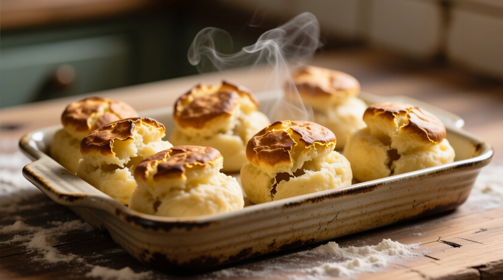 Golden brown mashed potato puffs on baking sheet
