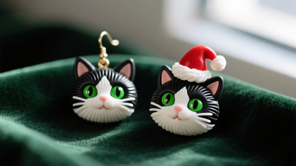 Macro shot of polymer clay christmas cat earrings with a tuxedo cat in a red Santa hat, displayed on dark green velvet fabric