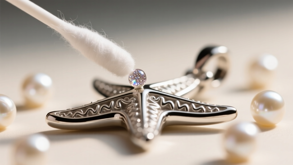 Macro shot of a cotton swab applying polishing paste to a sterling silver starfish pendant, carefully avoiding adjacent pearls