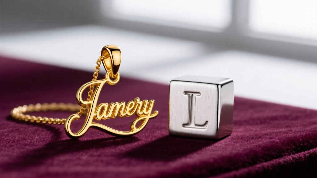 Macro shot of a 14k yellow gold James Avery script initial beside a brushed sterling silver block initial pendant on velvet.