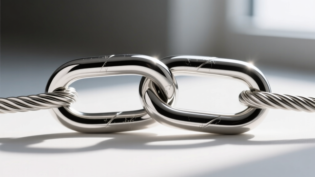 Close-up of a sterling silver cable chain showing a severe kink where two interlocking oval links are twisted at a 90-degree angle
