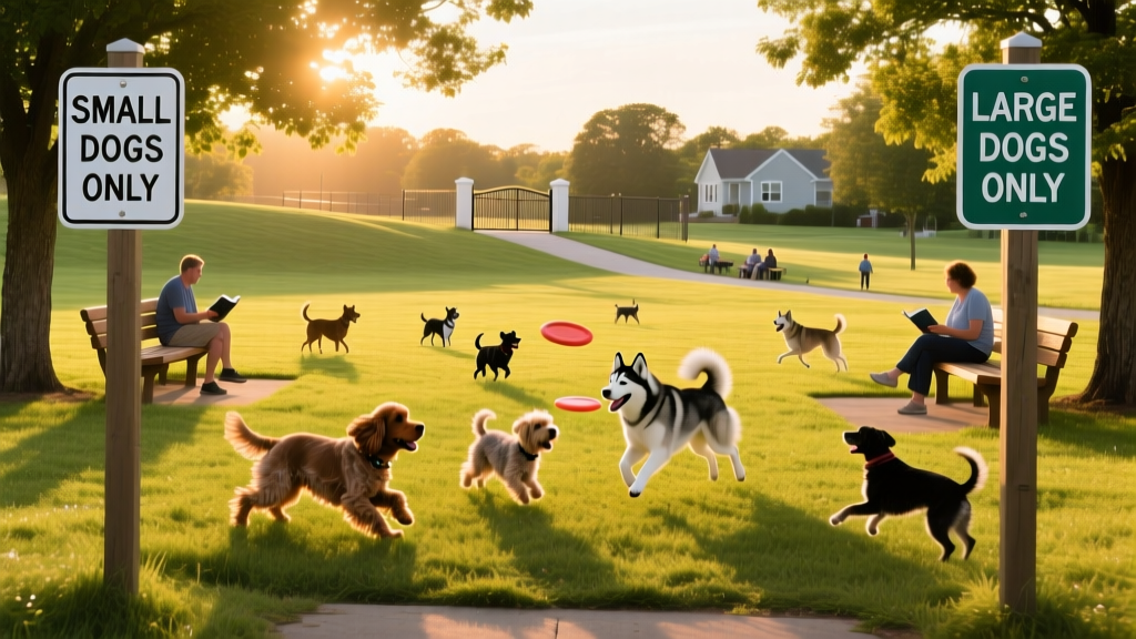 A sunny, grassy off-leash dog park with dogs playing, shaded benches, and clear signage indicating separate areas for small and large dogs