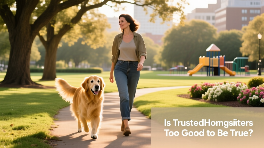 Woman walking a Golden Retriever in a sunny park