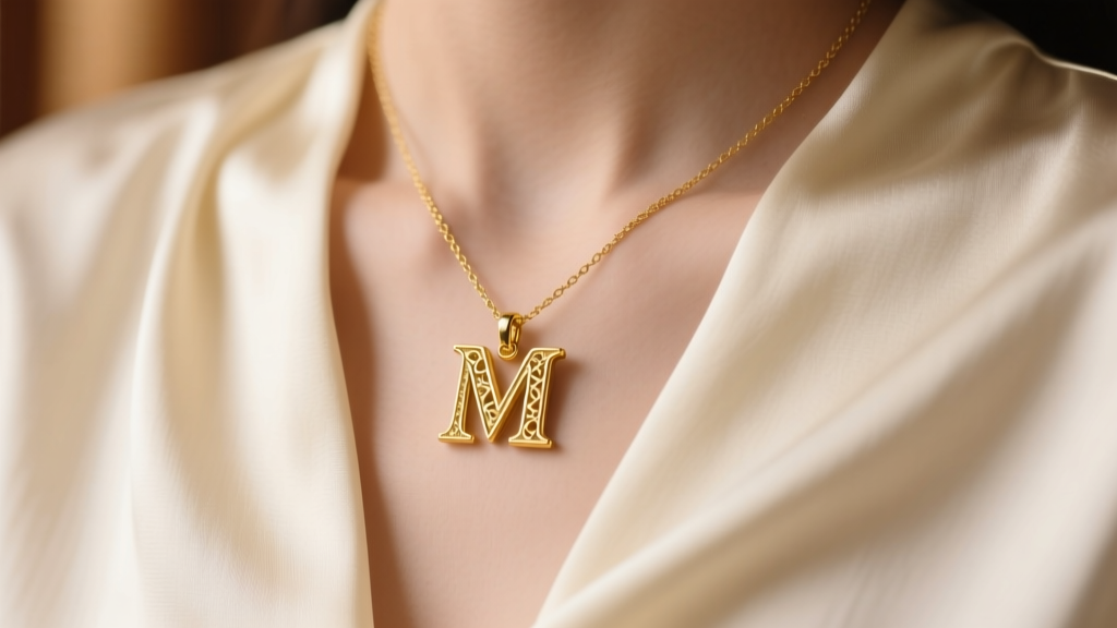 Close-up of a delicate 14k gold initial necklace with the letter M resting on a collarbone against a soft cream silk blouse.