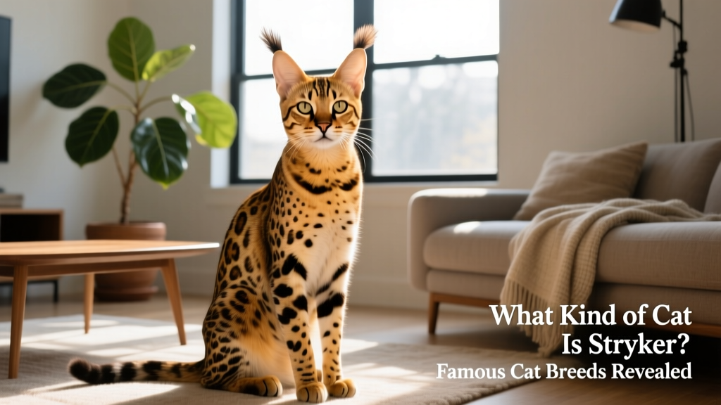 Stryker the Savannah cat sitting upright with alert expression, showcasing his tall ears and spotted golden coat