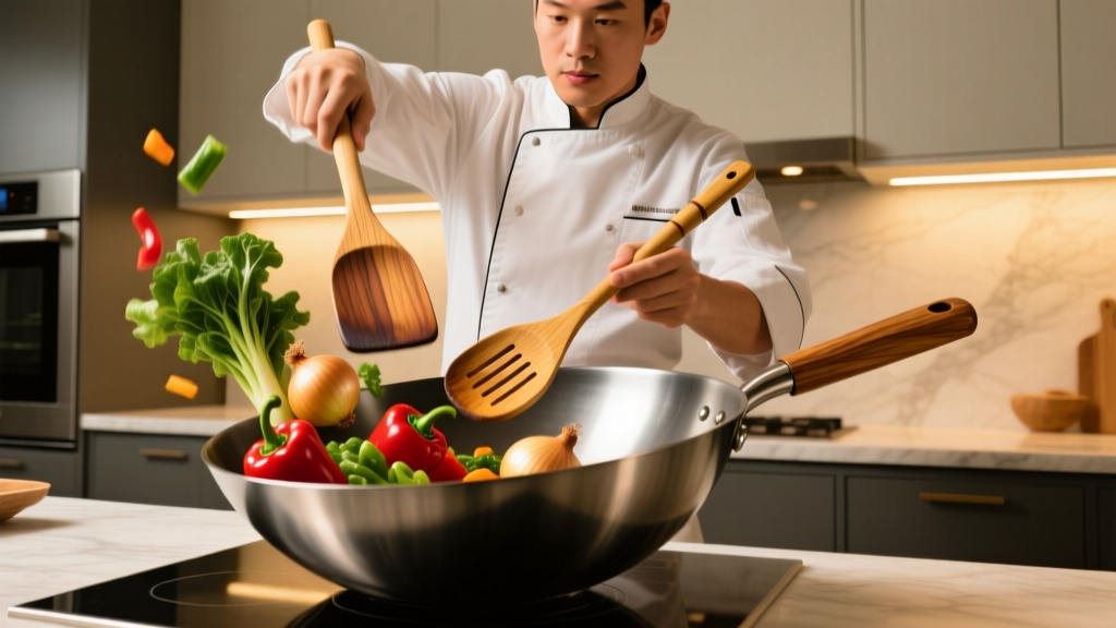 Chef tossing vegetables in a carbon steel wok using a thick edge-grain teak spatula and bamboo slotted spoon under warm kitchen lighting