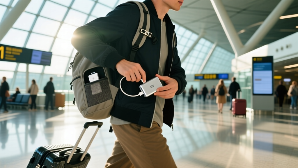 Traveler plugging a portable eSIM hotspot into a power bank inside a backpack while walking through a busy international airport terminal