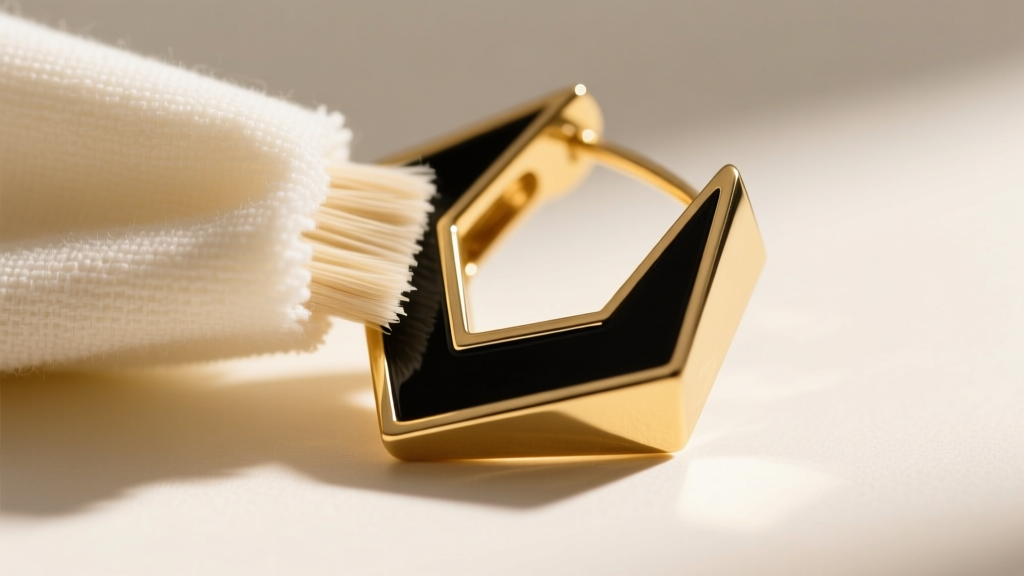 Microfiber cloth polishing the gold-plated brass edge of a geometric statement earring, carefully avoiding the black enamel inlay