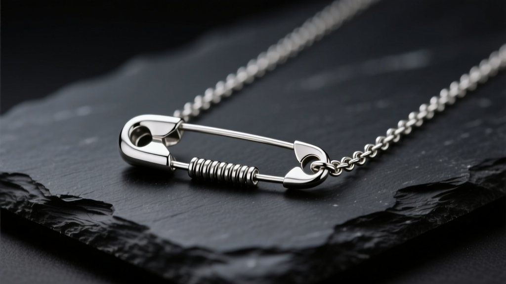 Close-up of 925 silver safety pin necklace on black slate, highlighting the spring coil and clasp hood in soft studio lighting.