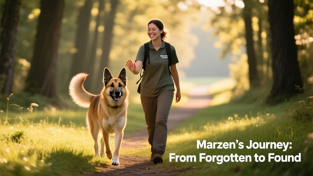 Marzen walking confidently beside a volunteer on a grassy trail, tail gently wagging