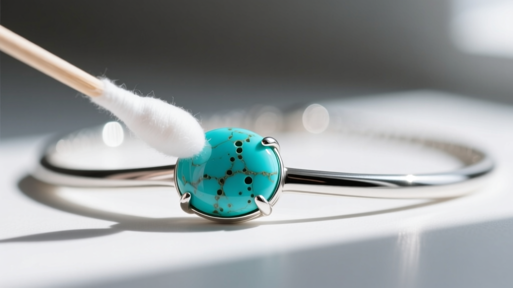 Side view of a turquoise silver necklace carefully cleaned with a cotton swab while strictly avoiding the porous gemstone surface