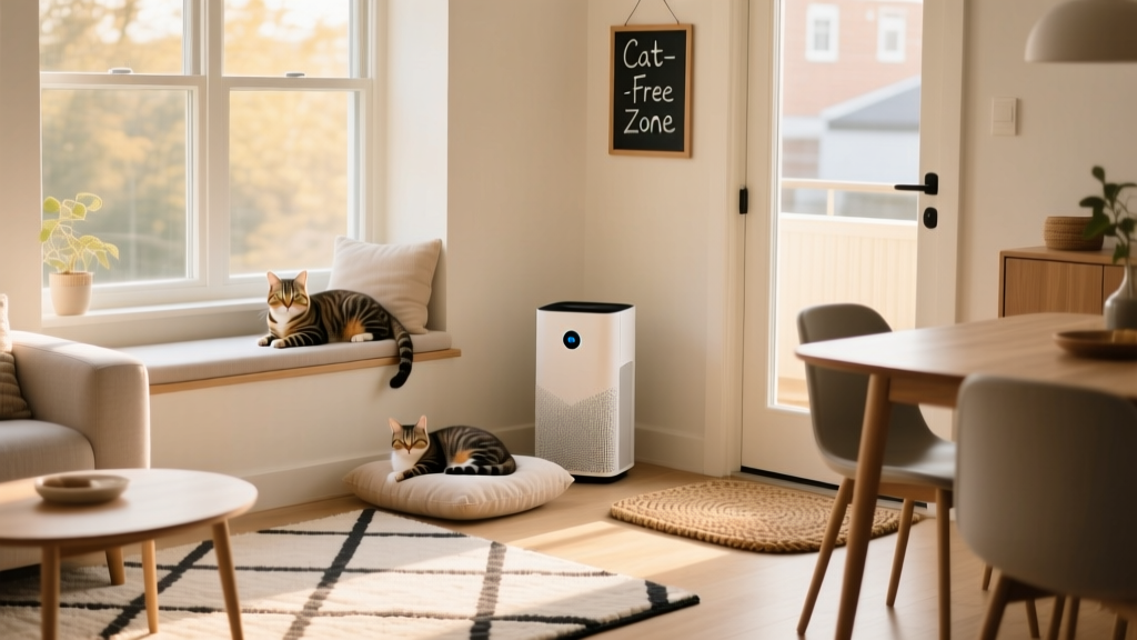 A tidy, cat-friendly living room with HEPA air purifier, washable rugs, and designated cat-free zones marked subtly