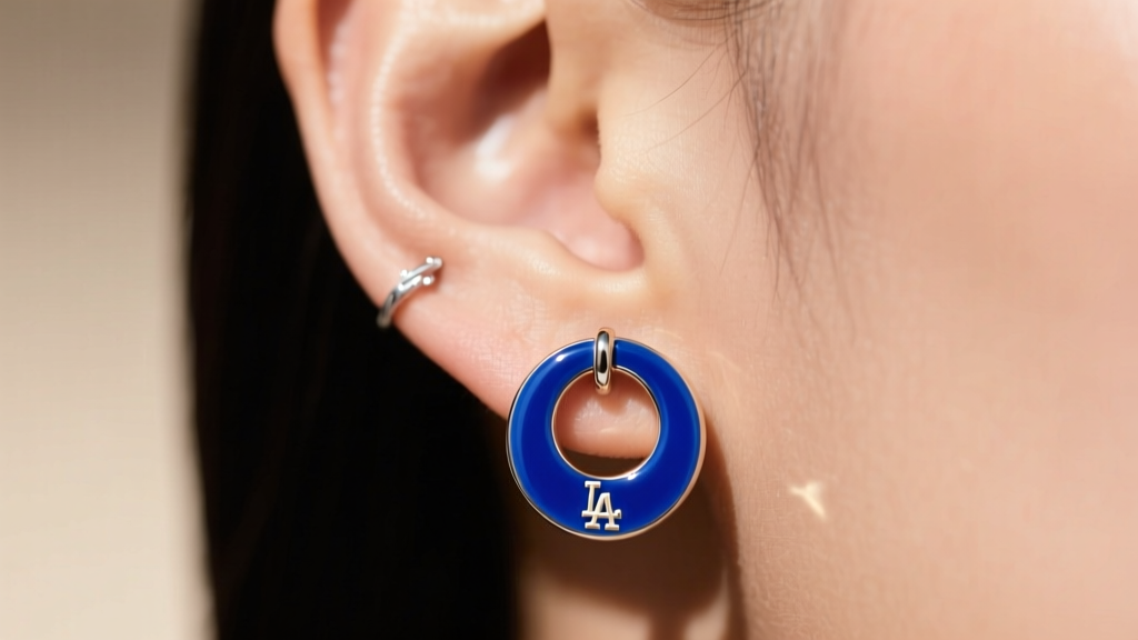 Close-up of an earlobe wearing a 20-gauge sterling silver huggie hoop with vibrant blue high-fire enamel and a subtle LA logo.