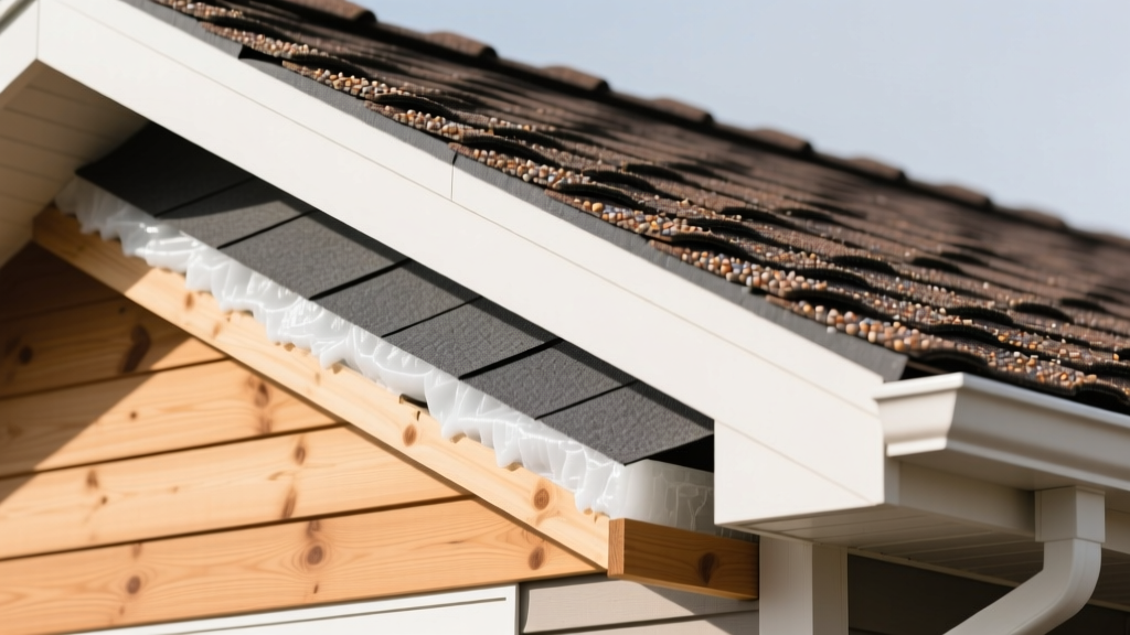 Cross-section of a residential roof showing wooden decking, synthetic underlayment, ice shield, and architectural asphalt shingles