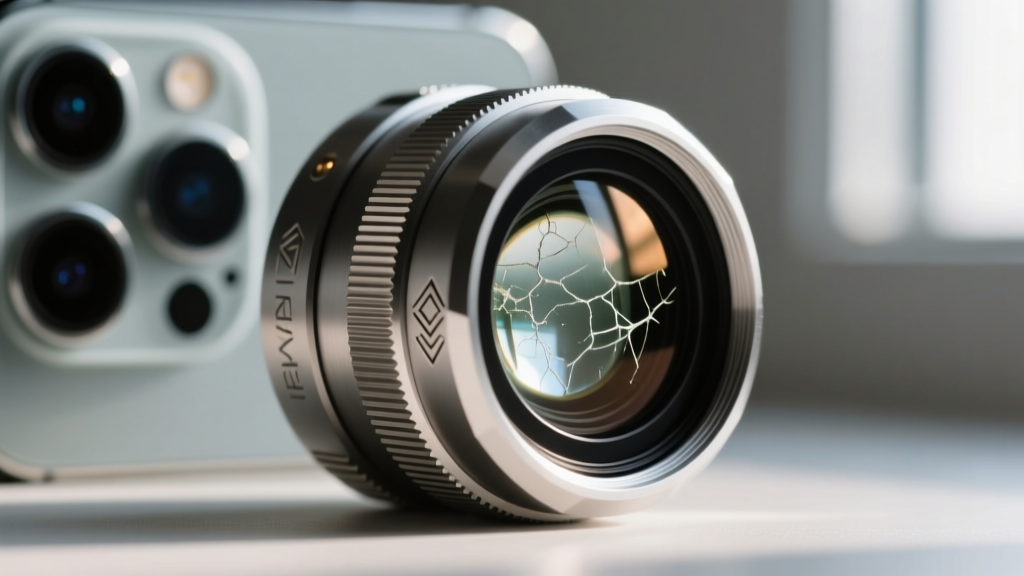 Macro photography of a smartphone camera lens attachment featuring an anodized aluminum barrel and recycled glass element