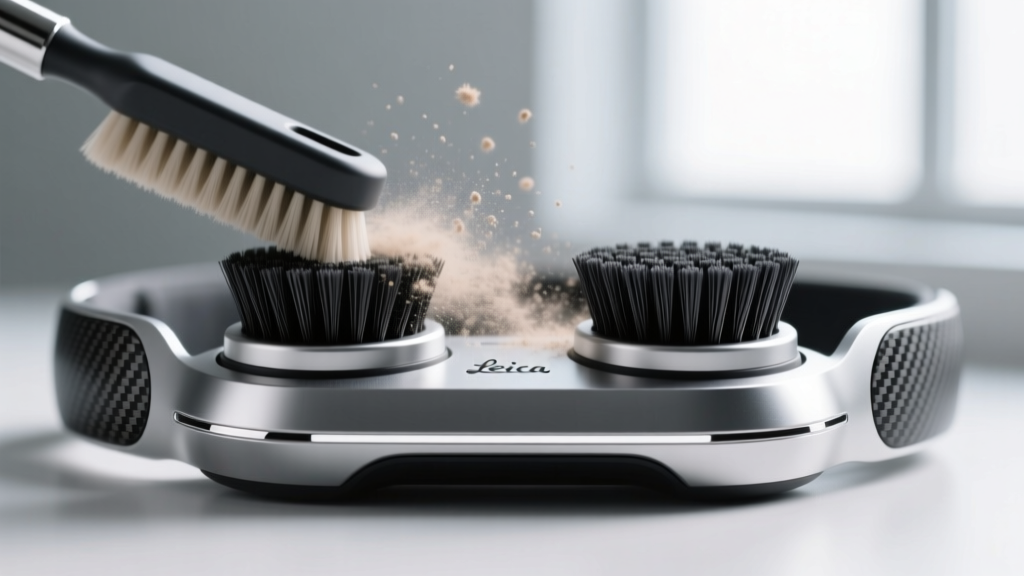 Macro shot of dual carbon-fiber emitter brushes on a wearable ionizer, showing dust swept away by a soft, dry cleaning brush.