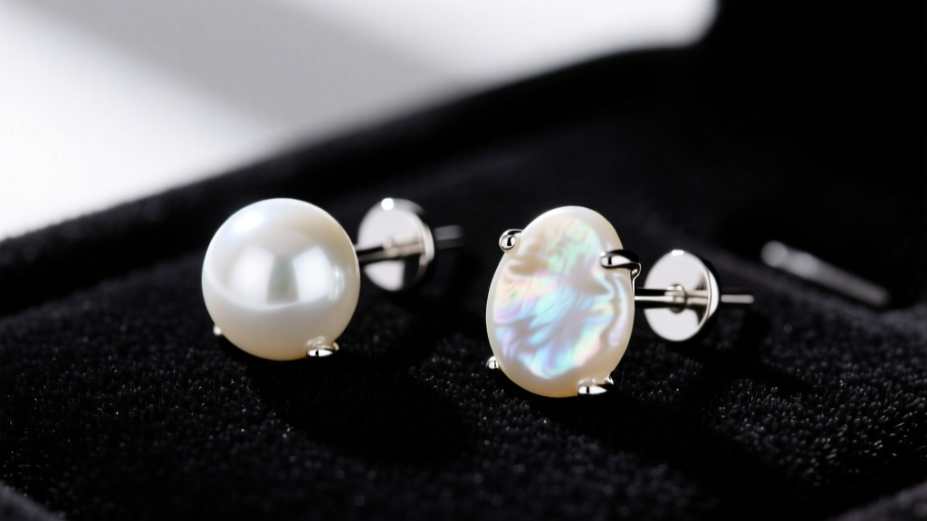 Macro shot comparing a round 7mm white Akoya pearl stud earring next to an irregular off-round freshwater pearl stud on velvet.