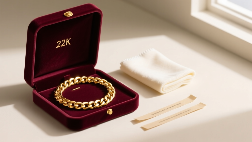 Open velvet box displaying a coiled 22k gold chain necklace, alongside a microfiber polishing cloth and anti-tarnish paper strips.
