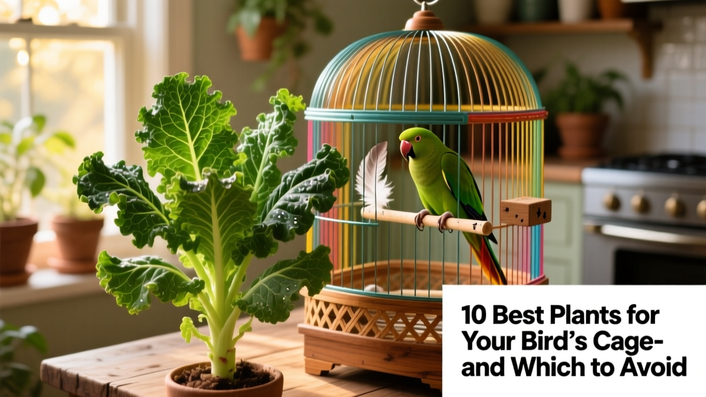 A vibrant green kale plant with ruffled leaves placed beside a colorful parrot cage