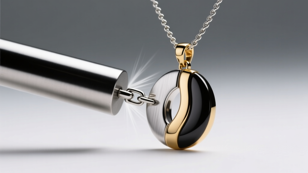 A strong neodymium magnet held near a mixed-metal pendant necklace, showing the clasp slightly pulling toward the magnetic field