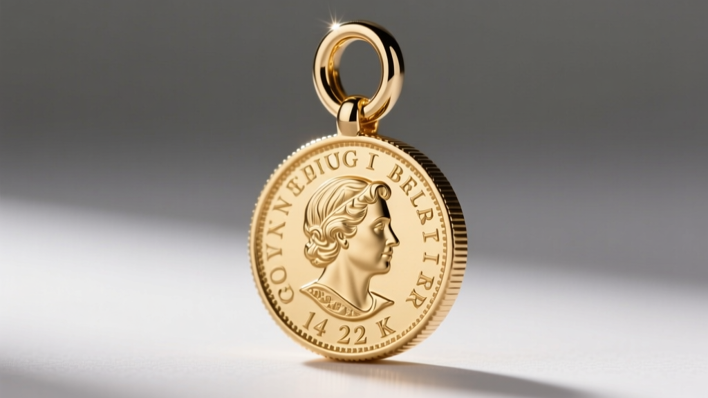 Macro shot of a 14k gold coin bezel holding a 22k sovereign coin, showing secure prong edges and a soldered jump ring attachment.