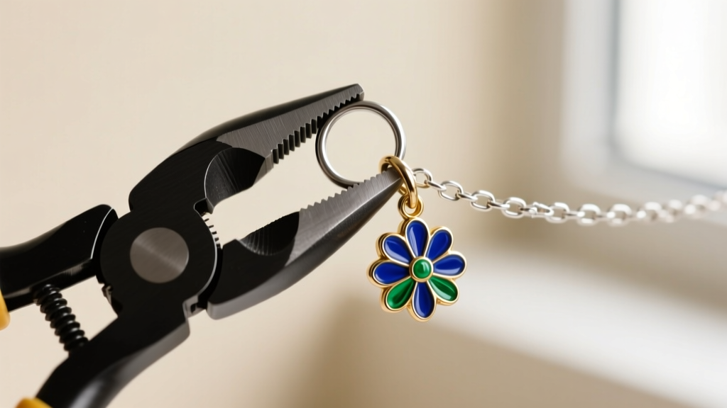 Macro shot of flat-nose pliers gripping a 4mm open jump ring, attaching a broken silver chain to a small enameled charm clasp.