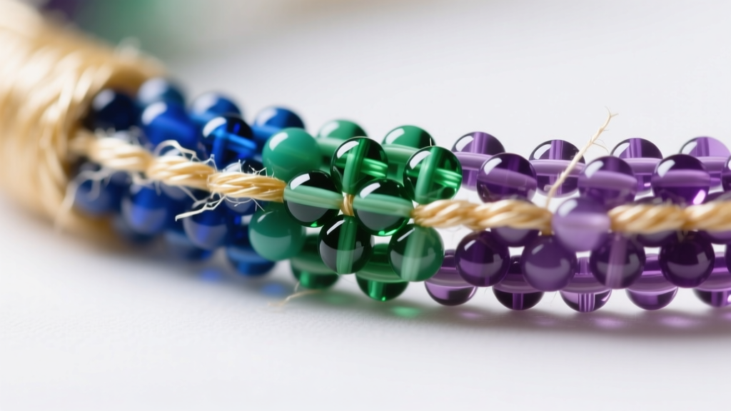 Macro shot of Czech glass seed beads in tight peyote stitch, showing thread tension and beeswax coating on nylon thread.