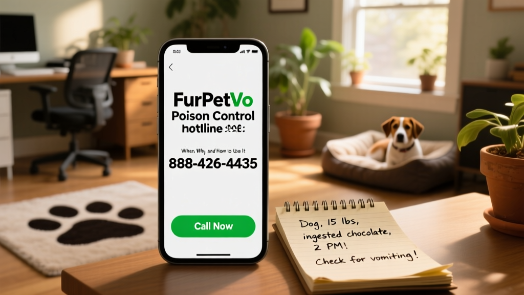 A smartphone screen showing the FurPetVo Poison Control hotline number 888-426-4435 with a green ‘Call Now’ button, beside a notepad with handwritten notes about pet weight and substance exposure
