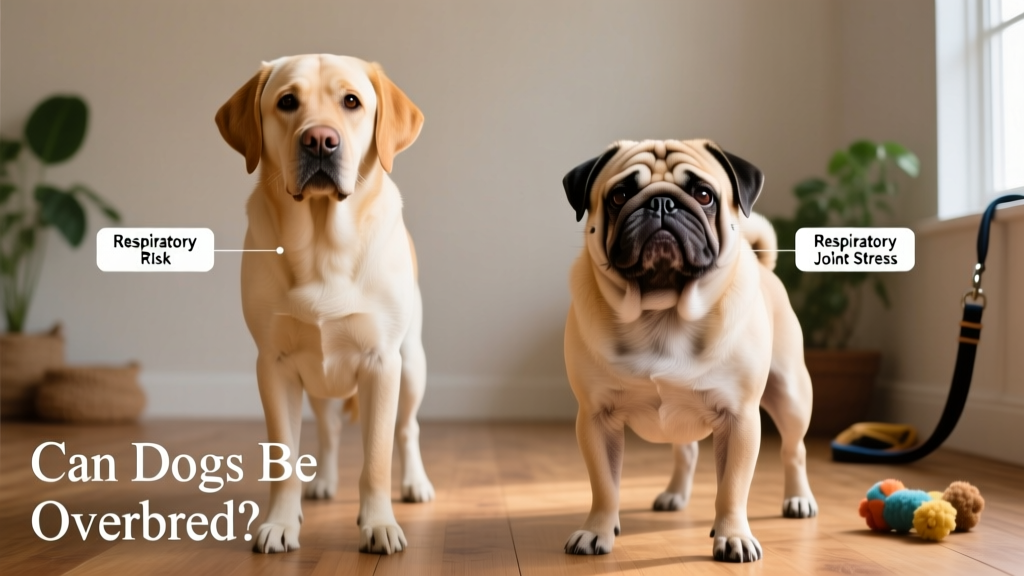 Side-by-side comparison showing healthy vs. overbred dog conformation, highlighting exaggerated physical traits
