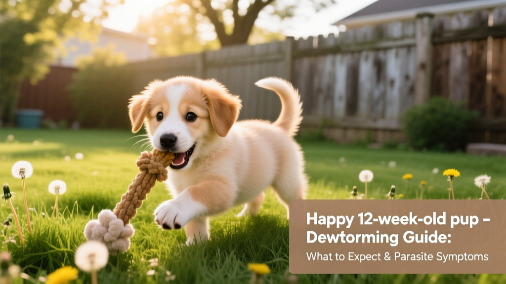 Happy 12-week-old puppy playing safely in a clean, grassy backyard with a chew toy