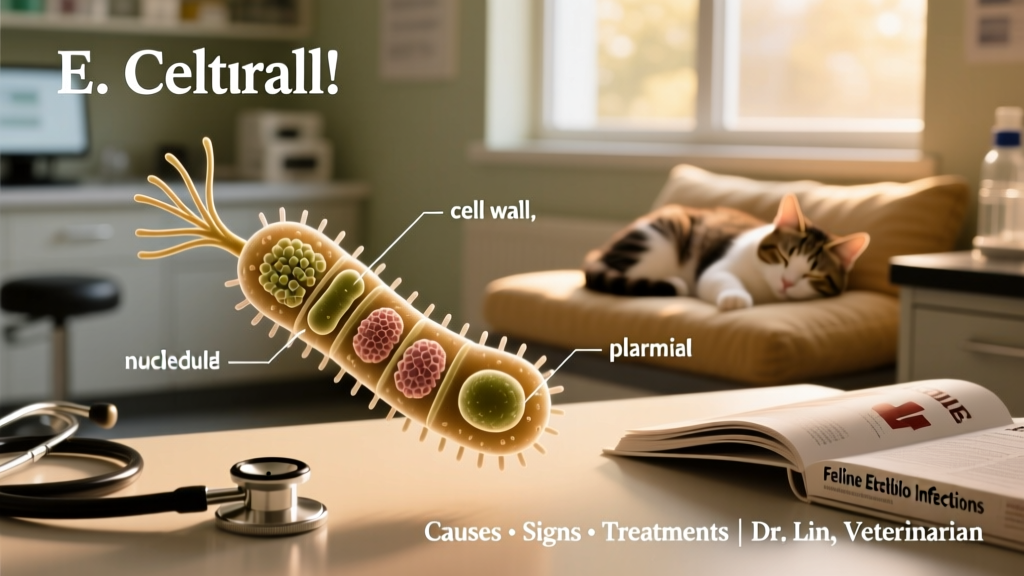 Microscopic view of E. coli bacteria with labeled cell structure