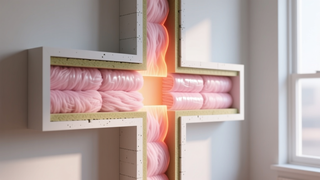 Framed wall cross-section displaying pink fiberglass batts and rigid foam boards under a thermal imaging overlay showing heat resistance