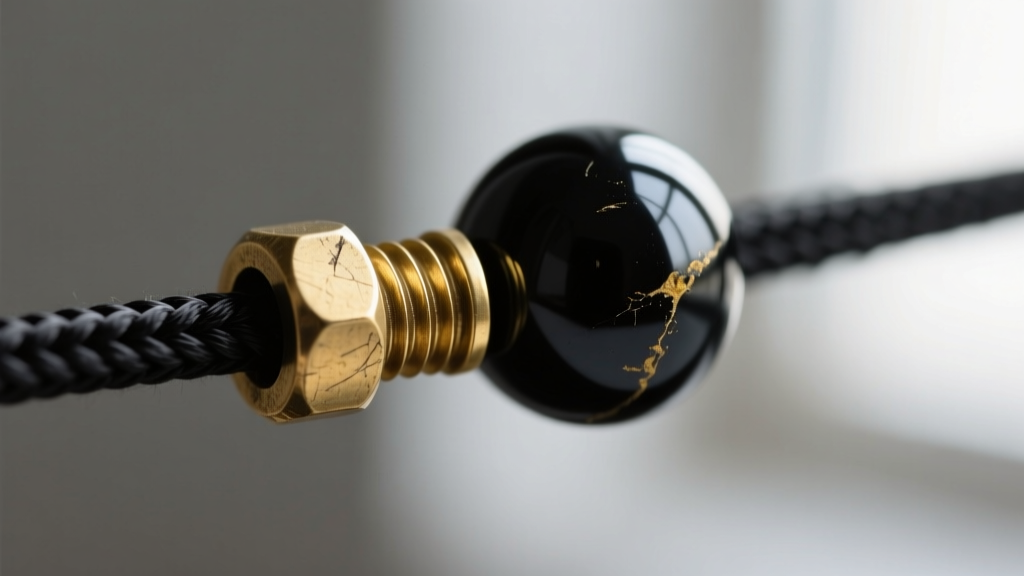 Macro shot of a brass O-ring slider on a black nylon cord, showing slight patina and oil buildup near a dark glass seed bead.