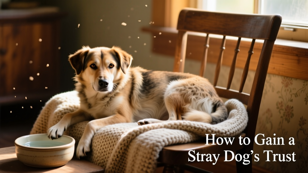 A friendly stray dog resting comfortably in a cozy indoor space with a water bowl and soft blanket nearby, looking relaxed and safe