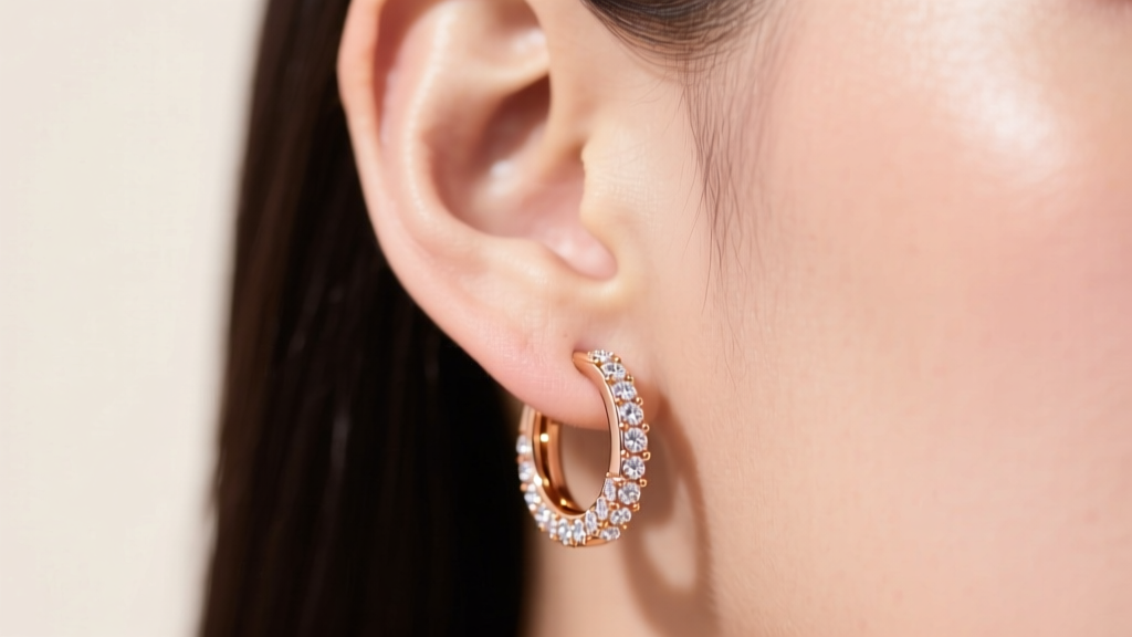 Close-up of an ear wearing 14k rose gold huggie earrings with pavé diamonds, showing the warm pinkish metallic hue against skin