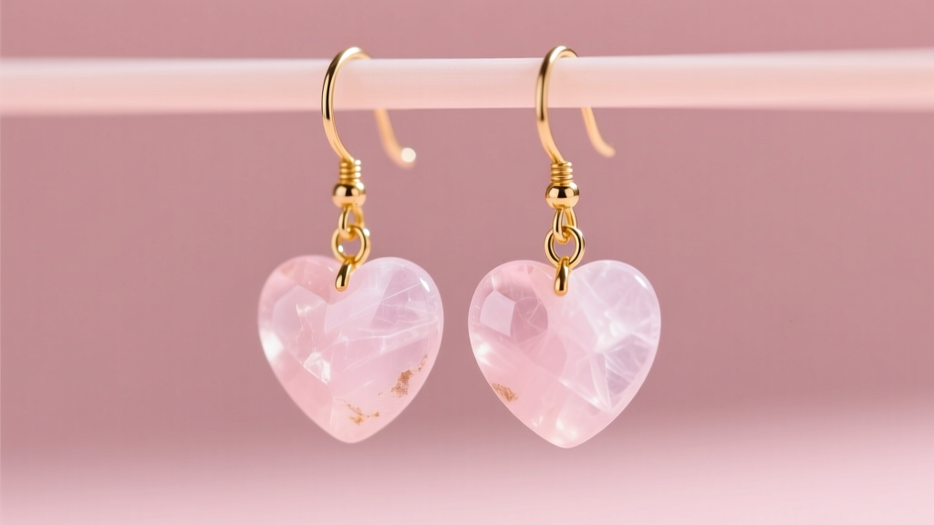 Rose quartz beaded heart earrings on 20-gauge gold-filled French hooks, soft natural light, smooth pastel pink backdrop.