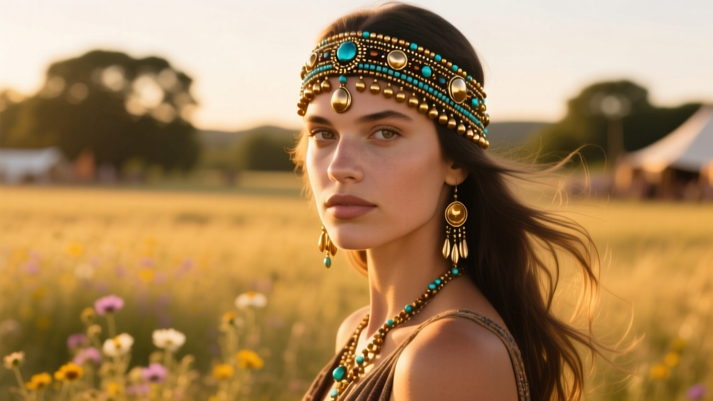 Bohemian festival-goer wearing a beaded indigenous-style headband jewelry with brass accents, golden hour outdoor lighting, side