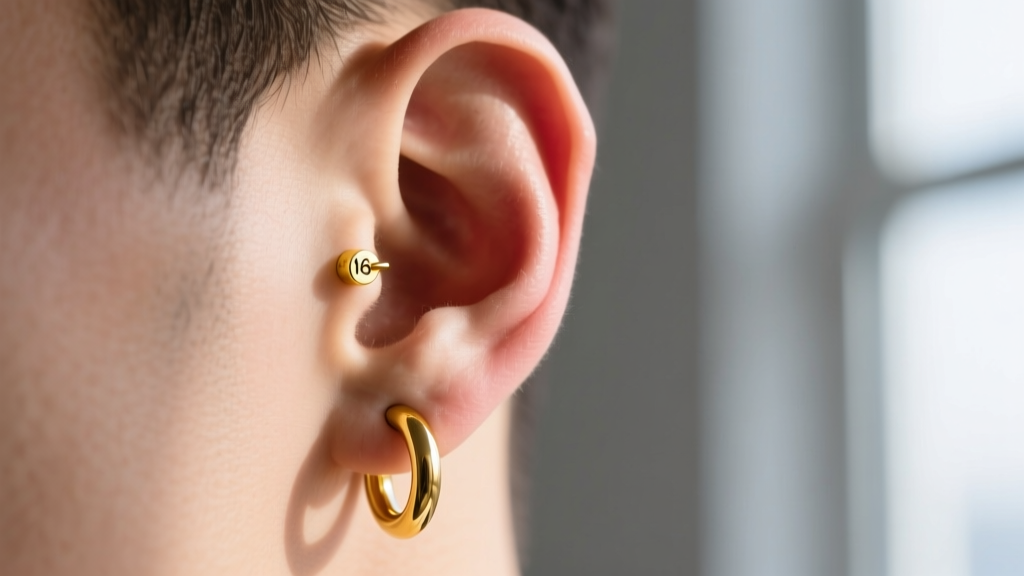 Side profile of a male ear featuring a seamless 16-gauge 14k yellow gold huggie hoop, highlighting the metal polish and skin tone