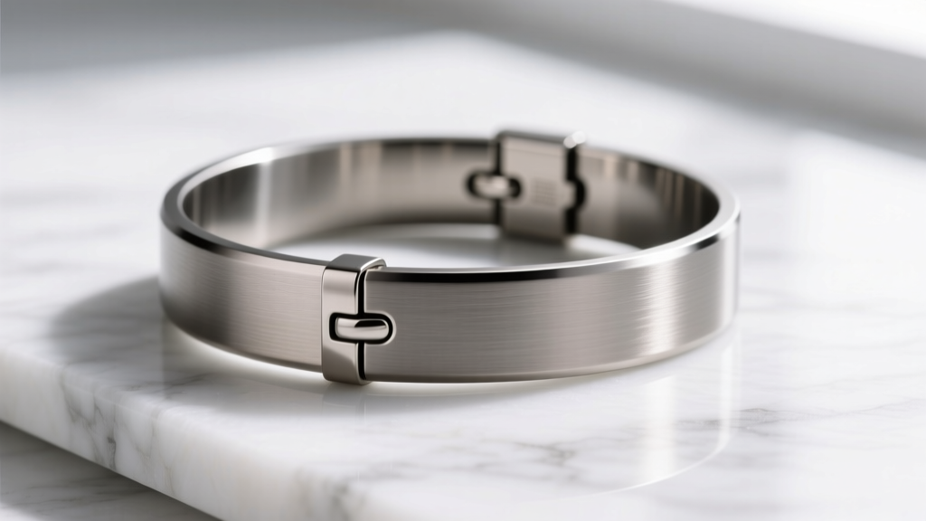 Brushed titanium collar on white marble, highlighting its matte finish and seamless hidden magnetic clasp mechanism in macro.
