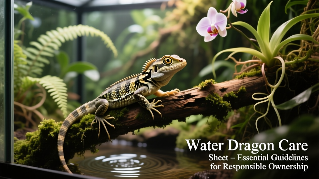 A calm, alert juvenile water dragon perched on a mossy branch inside a well-planted terrarium