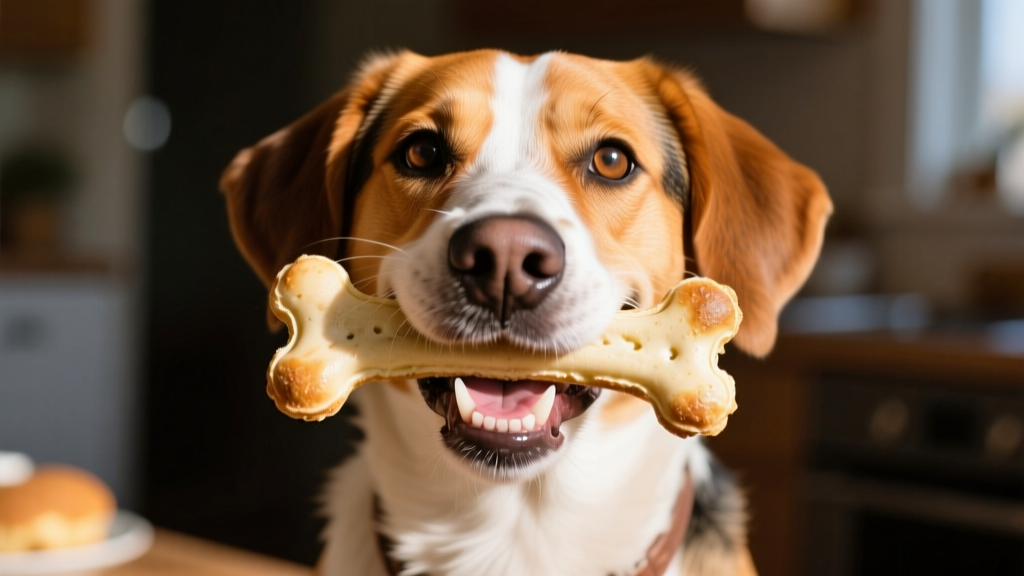 A happy dog holding a freshly baked breakfast bone in its mouth